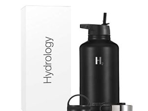 زجاجة ماء H2 Hydrology - 18 أونصة ، 22 أونصة ، 32 أونصة ، 40 أونصة أو 64 أونصة مع 3 LIDS مزدوجة الجدار معزول من الفولاذ المقاوم للصدأ ، ترمس ساخن وبارد للرياضات (64 أونصة ، أسود)