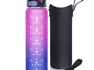 زجاجة ماء زجاجية تحفيزية رياضية 32 أونصة من Justfwater مع مصاصة وعلامة الوقت ، زجاجة شرب قابلة لإعادة الاستخدام مع غطاء وغطاء علوي (وردي / بنفسجي)