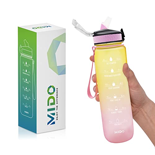 زجاجات مياه رياضية من ميدو بسعة 32 أونصة - زجاجة مياه تحفيزية خالية من مادة BPA مع زجاجات مياه مقاومة للتسرب مع مصاصة ومحددة للوقت وحزام حمل - زجاجة ماء للسفر (أصفر وزهري) زجاجات مياه رياضية من ميدو بسعة 32 أونصة - زجاجة مياه تحفيزية خالية من مادة BPA مع زجاجات مياه مقاومة للتسرب مع مصاصة ومحددة للوقت وحزام حمل - زجاجة ماء للسفر (أصفر وزهري)