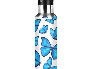 زجاجة مياه xigua 22 OZ Blue Butterflies مع مصاصة ، زجاجة مياه رياضية خالية من مادة BPA ، أباريق مياه من الفولاذ المقاوم للصدأ للصالة الرياضية ، المطبخ ، العمل ، في الهواء الطلق