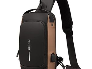 USB Charging Sport Sling Anti-Theft Shoulder Bag ، Waterproof Anti Theft Sling Bag ، Crossbody Bags Chest Daypack (Brown)