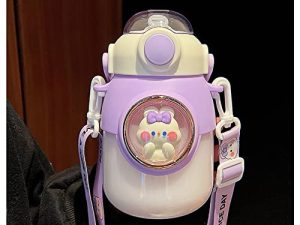 زجاجة ماء من ORACLO Kawaii ، زجاجة مياه لطيفة على شكل حيوان مع مصاصة وشريط زجاجة شرب كارتون ، إبريق ماء مانع للتسرب للفتيات في المدرسة الرياضة 28 أونصة