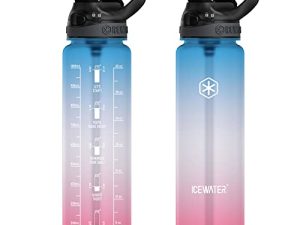 ICEWATER - زجاجة ماء 32 أونصة بغطاء مصاصة أوتوماتيكي ، زجاجة ماء رياضية تحفيزية مع علامة الوقت (أزرق-وردي)