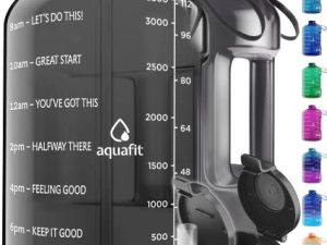 زجاجة ماء AQUAFIT سعة 1 جالون مع أوقات للشرب - زجاجة ماء بسعة 128 أونصة مع مصاصة - زجاجة مياه تحفيزية - زجاجة مياه كبيرة - زجاجة مياه رياضية مع محدد الوقت - إبريق ماء للجيم سعة 1 جالون