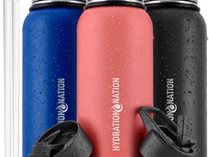 Hydration Nation 3 زجاجات مياه متعددة الأحجام معزولة بالشفط مع مصاصة - زجاجة مياه معدنية للرياضة والأنشطة الخارجية - زجاجة مياه حرارية من الفولاذ المقاوم للصدأ - مثالية للمشروبات الساخنة والباردة (الخوخ)