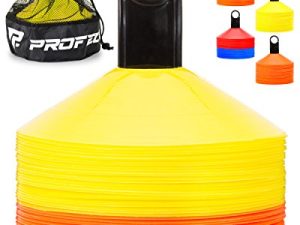 Pro Disc Cones (مجموعة من 50) - أقماع كرة قدم Agility مع حقيبة حمل وحامل للتدريب الرياضي ، كرة القدم ، كرة السلة ، التدريب ، معدات التمرين ، للأطفال - تتضمن 15 كتابًا لأفضل تدريبات المخروط