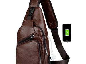 Peicees Leather Sling Bag رجالي Crossbody Bag Chest Bag Sling Backpack for Men with USB Charge Port