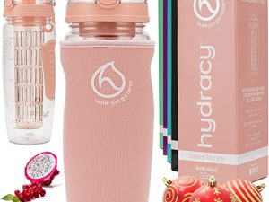 زجاجة ماء Hydracy Fruit Infuser - زجاجة رياضية 32 أونصة - غلاف عازل ، قلم تحديد الوقت وقضيب تسريب كامل الطول + 27 وصفة مملوءة بالفاكهة هدية كتاب إلكتروني - ذهبي وردي